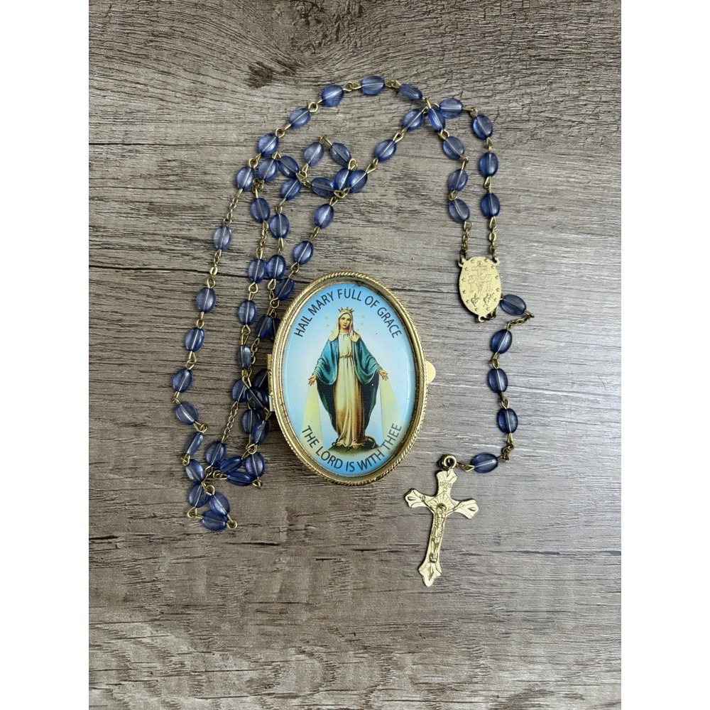 Vintage Catholic Rosary Blue Glass‎ Beads Gold Tone Miraculous Medal Locket Box